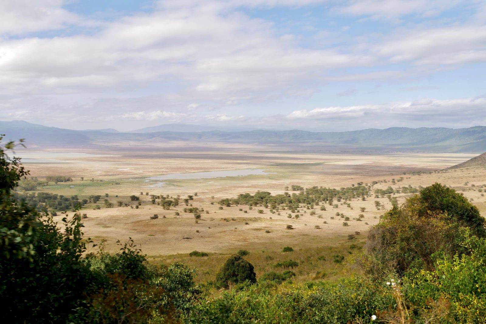 Panoramablick über die Graslandschaften und den Sodasee im Ngorongoro-Krater in Tansania, ein Reiseziel, das oft mit dem Tarangire-Nationalpark kombiniert wird.